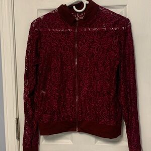 Women's Lace Zip Bomber Jacket in Deep Wine